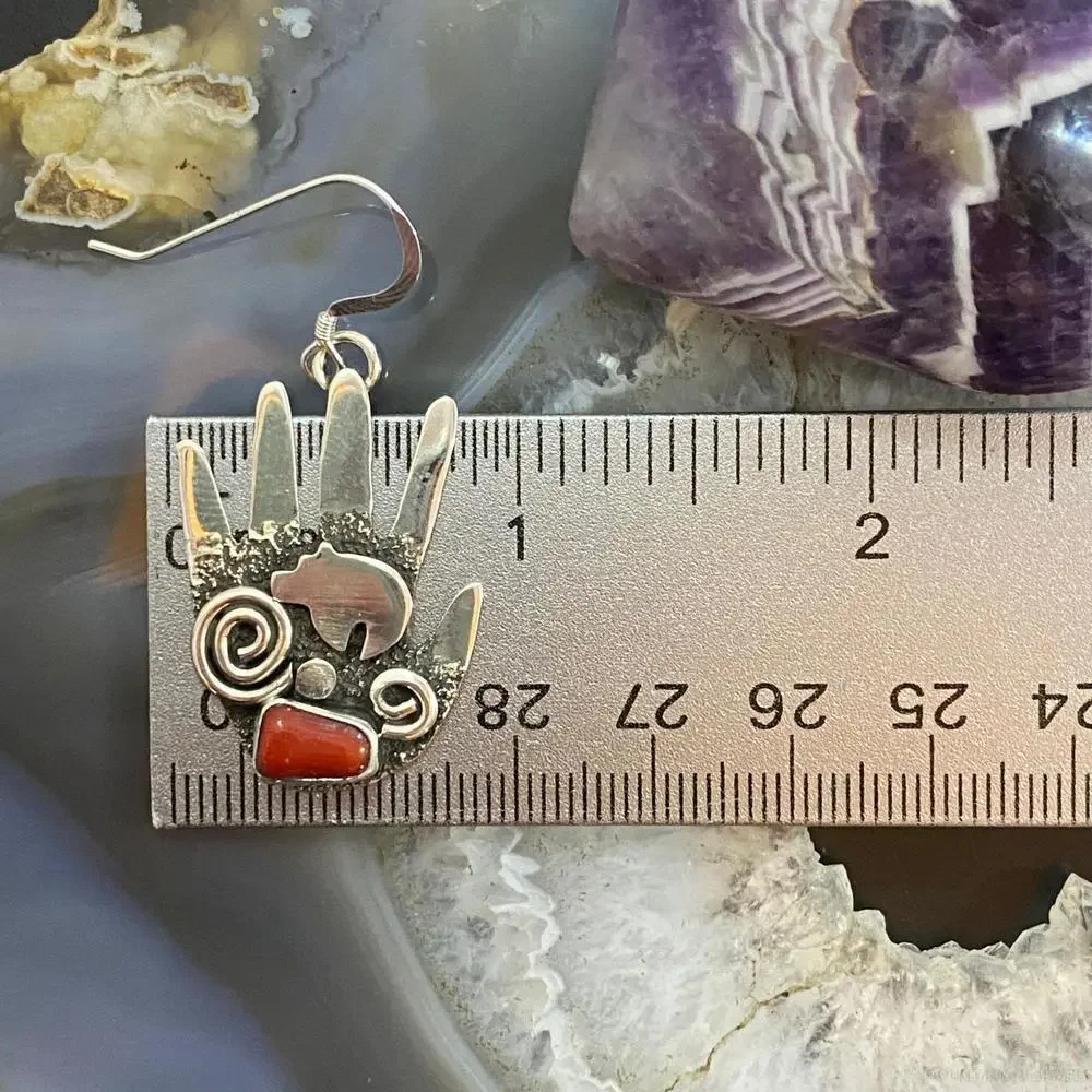 Alex Sanchez Sterling Silver Ancestors Hand Petroglyph W/Coral Dangle Earrings 2 - Picture 9 of 10